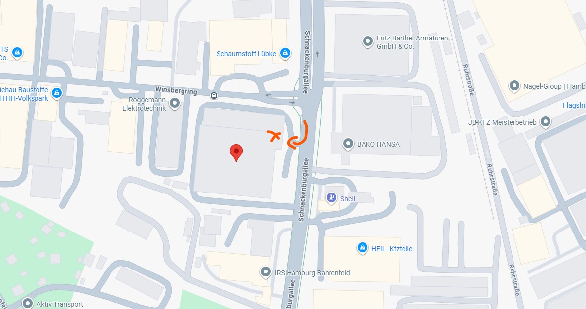 Lageplan zur Abgabestelle Schnackenburgallee 11 in Hamburg-Stellingen mit eingezeichneter Zufahrt